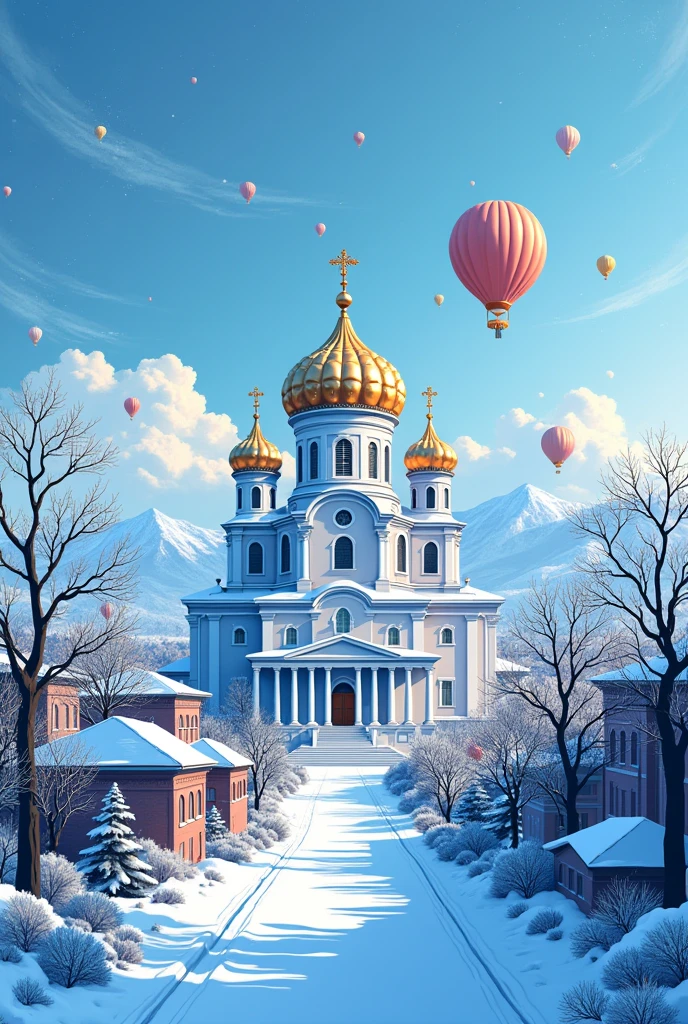 Vector illustration, buildings in Heilongjiang City in blue and white, Heilongjiang City, Heilongjiang style pattern lines, graphic design poster art, bold lines, smooth lines, classical patterns and themes, woodcut prints,Harbin Sofia Church, meticulous character design, snow and ice sculpture white background - ar 3:4