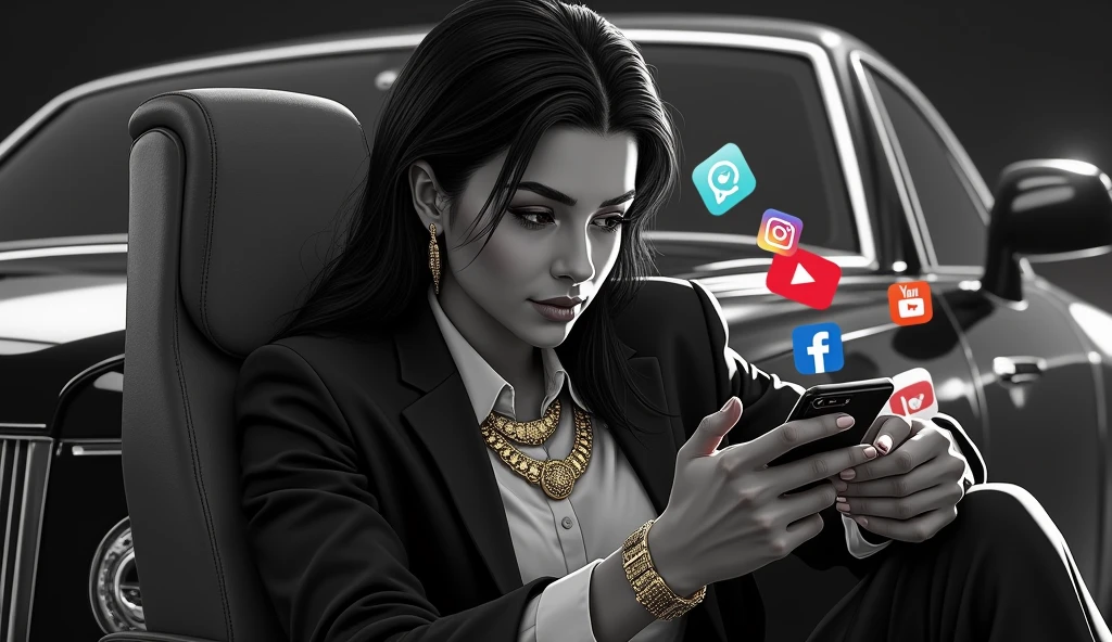 {
"prompt": "A powerful thumbnail representing "ostentatiousness on social media", The image must be realistic and illustrative, mainly in black and white. Show a person with a gold necklace, a gold watch on his wrist, glasses, women around him, leaning against a luxury car, a hand holding a smartphone with several shining social media icons bouncing off the screen, as if seeking likes and validation . The person's face or expression should show obsession or despair. The entire image should be in black and white, but social media icons or the on-screen ‘Like’ button should be highlighted in vibrant colors to draw attention to the central theme.",
"settings": {
"style": "realistic and illustrative",
"lighting": "high contrast",
"detail_level": "high",
"color_scheme": "black and white with a focal point in bright colors",
"emphasis": "tiktok, instagram, facebook, youtube icons and the expression of the person",
"size": "1280x720"
}
}