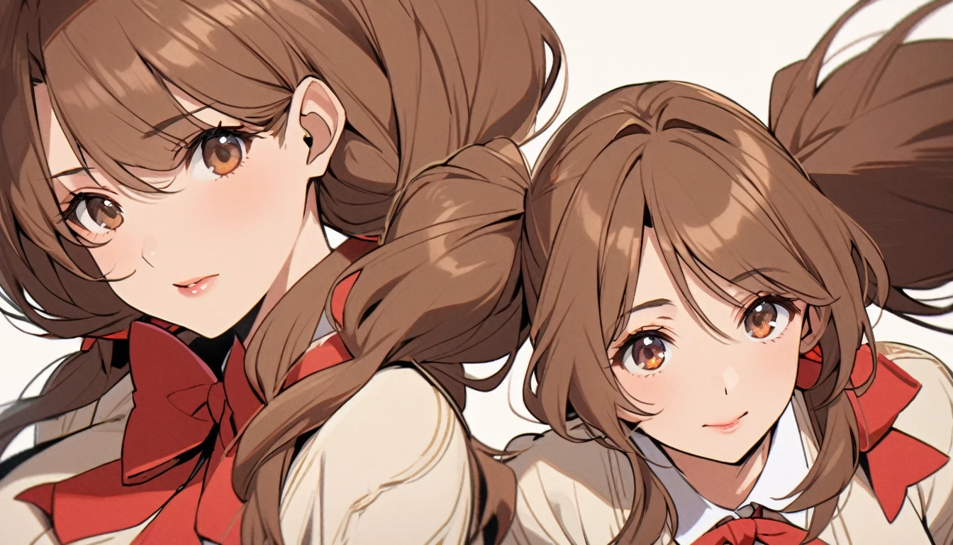 girl, mature, cute, brown eyes, brown hair, beautiful eyes, beautiful color, low twin tails, red bow, long hair, adult, front face