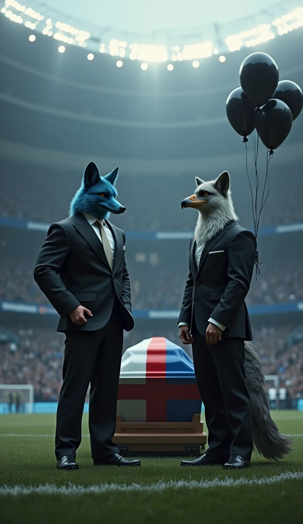 a blue male fox, muscular, ed out chest, black suit, next to a beautiful, muscular vulture bird, puffut chest, black suit with a thick red Maltese cross on the chest, inside a soccer stadium, everyone is sad seeing a coffin with a flag on it highlighted in the colors blue, white, red, black balloons flying in the wind