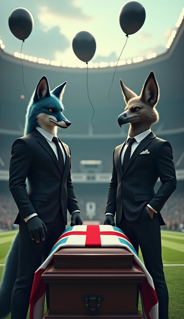 a blue male fox, muscular, ed out chest, black suit, next to a beautiful, muscular vulture bird, puffut chest, black suit with a thick red Maltese cross on the chest, inside a soccer stadium, everyone is sad seeing a coffin with a flag on it highlighted in the colors blue, white, red, black balloons flying in the wind