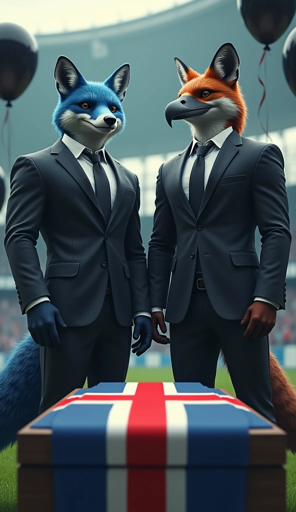 a blue male fox, muscular, puffed out chest, black suit, next to a beautiful, muscular vulture bird, puffed out chest, black suit with a thick red Maltese cross on the chest, inside a soccer stadium, everyone is sad seeing a coffin with a flag on it highlighted in the colors blue, white, red, black balloons flying in the wind