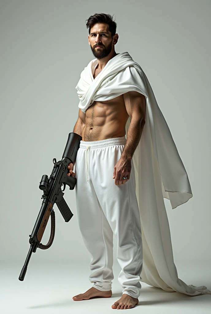 Messi with a huge gun in his hand wearing white dress
