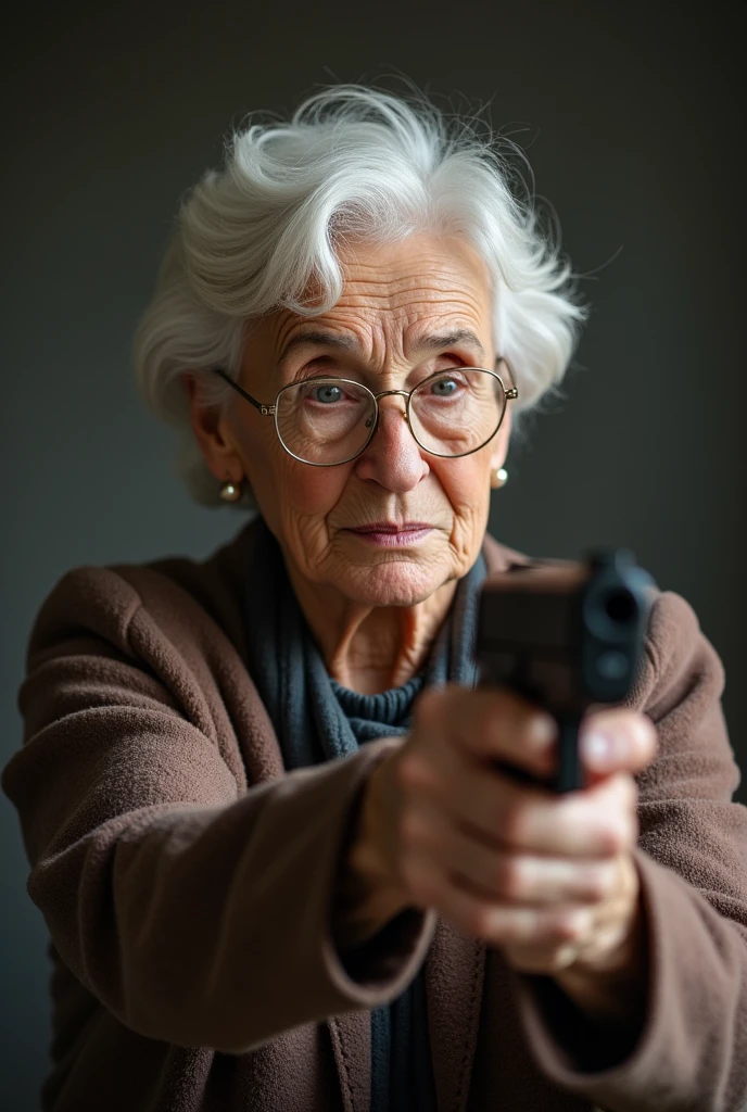 Create a picture of a person shooting a 60-year-old woman