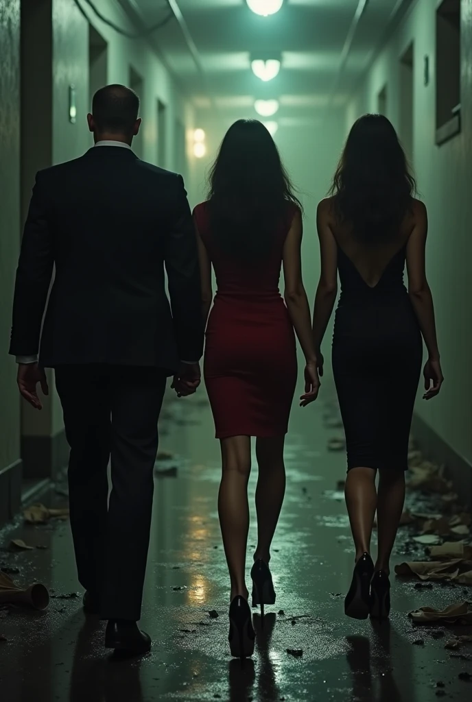 Show mafia 2 girls 2 boys walking away from a crime scene thier faces should not show walk should be confident and classy and dresses aswell all in black. 2 men and 2 women pls and show from back walking away from crime scene make men more masculine and realistic