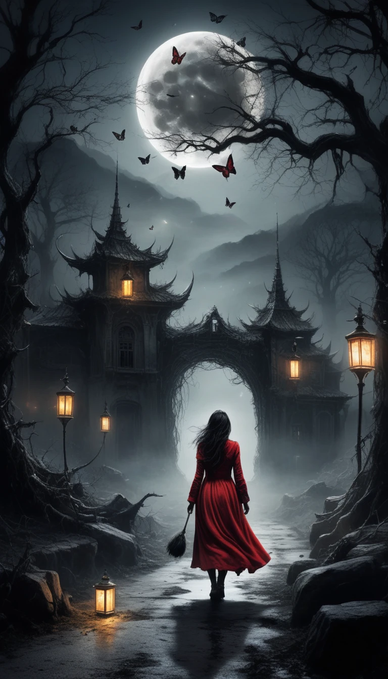 (HD wallpaper),(orc:1.5),(devil theme:1.5),(dark horror theme:1.5),(thriller:1.5),(inspiration from Stephen King:1.5),(dark fantasy:1.5), (ink and watercolor painting:1.5), (black and white color:1.5), 8k, 4k, (landscapes:1.5),(A large number of butterflies fairies fly towards the viewer:1.5),(ruined:1.5),(ruined village:1.5),(1800s:1.5), (ruined theme:1.5),(lots of flying butterflies fairies :1.5),(puddle:1.5),(Unpaved roads:1.5),(absurd deres:1.5),(fantastic:1.5),(best quality:1.5),(masterpiece:1.5),full body length,Quartz Manganite girl in red dress,pretty face,eyebrow up,red scarf on hair ,full body shot,ominous landscape,Fluorite Wulfenite atmosphere,by art Simon Stalenhag,Nicola Samori,(((Wangechi Mutu))),prime colors,urban,extremely detailed,masterpiece,intricate details,faded,eyes extremely detailed, high detailed eyes,4k resolution,RAW, Nikon Z9,scary town,full body length, ghost towns,Winnie-the-Pooh Iridescent,intricate details,,orc,Stone Forest in Yunnan Province of China,best quality, ultra-detailed, realistic, portraits, dark and eerie atmosphere, glowing eyes, ethereal presence, hauntingly beautiful, ghostly figures, swirling mists, supernatural entities, demonic essence, shadowy forms, eerie whispers, sinister aura, hauntingly pale skin, dark and twisted branches, flickering candlelight, macabre elements, mysterious and enigmatic, spectral apparitions, gothic art style holding lamp , hauntingly captivating, spectral realm, hauntingly melancholic, otherworldly beauty, ethereal glow, hauntingly haunting, chilling and atmospheric, eerie and ominous lighting night mood, lamp , background palace, full moon, tree branches.