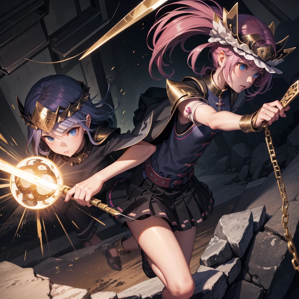 最high quality、high quality、Simple Cloth Armor、10Year-old girl adventurer、Equipped with a weapon that has a short chain at the end of a stick and a spiked iron ball at the end of the chain、In a dark maze、Pink Armor