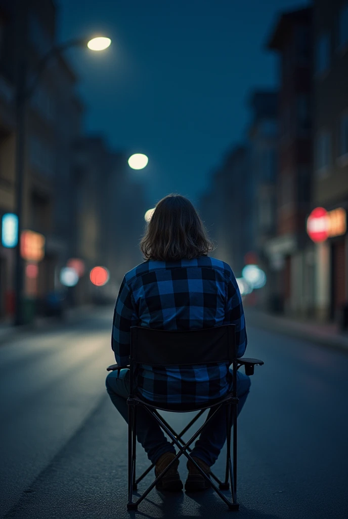 draw me a picture of a man with long shoulder length hair wearing a blue and black checkered flannel shirt sitting on a folding chair in the middle of a dark and empty street at night, the atmosphere is quiet and only street lights illuminate it