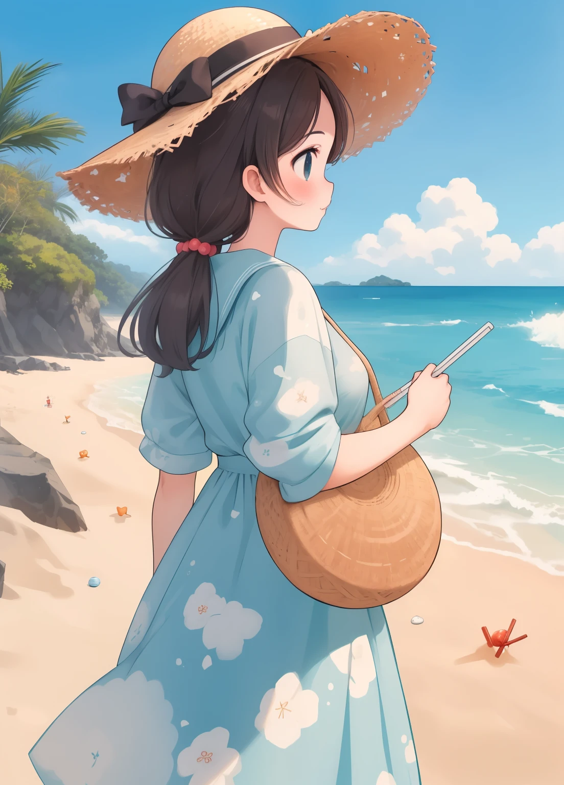 (masterpiece、Highest quality、Highest quality、Official Art、Beautiful and beautiful:1.2)、(One person:1.3)Hatsune Miku、Twin tails,Beautiful breasts, Katsushika Hokusai,woman in a dress and straw hat on the beach with a straw bag, 夕暮れのAt the Beach, As the sun sets, In Ram Man style, At the Beach, Nivan Chanthala, Profile photo, Chen Xintong, Standing near the beach, At the Beach, straw, 海のあるAt the Beachポーズをとる, 日没時のAt the Beach