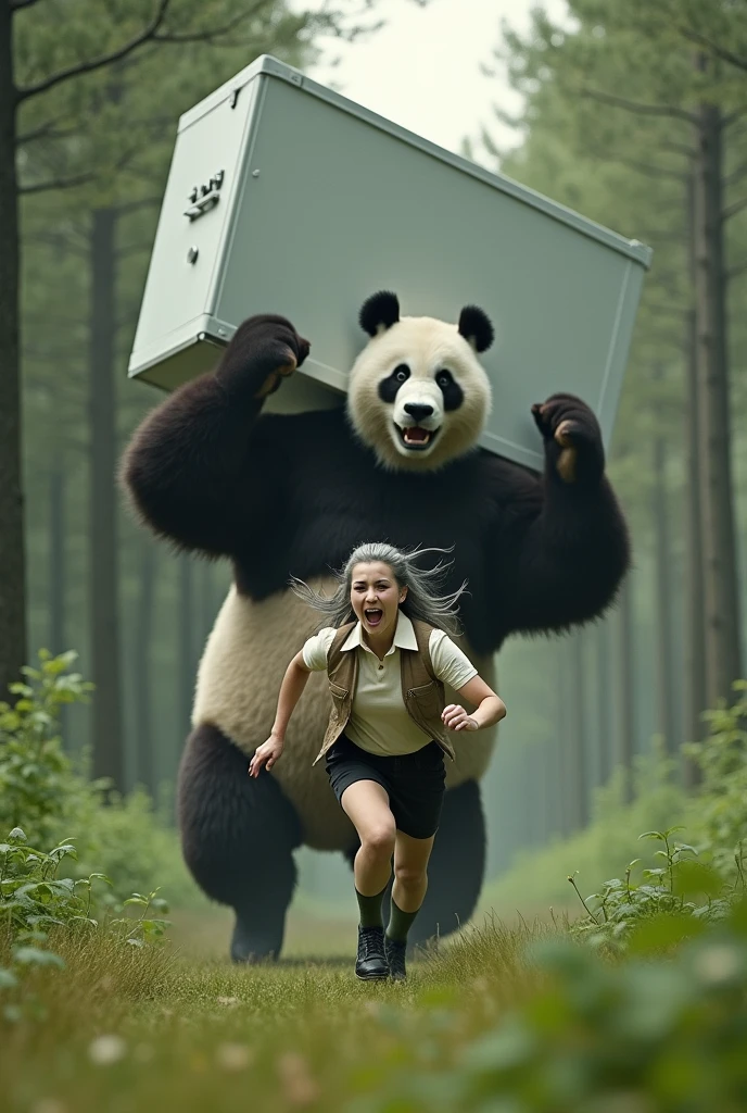 ((Highest quality)), ((Pigeon-headed woman)),  ((Giant panda holds up a refrigerator with both hands)), (Angry Giant Panda),Giant panda holds up a refrigerator with both handsが後ろから追いかけてくる, A woman with a grey pigeon head is running as fast as she can to escape a giant panda, A grey pigeon-headed woman is wearing an off-white collared short-sleeved shirt, a light brown vest, a knee-length black skirt, dark green socks and black shoes., Muscular grey pigeon-headed woman, The background is a grassy forest, Photorealistic images,
