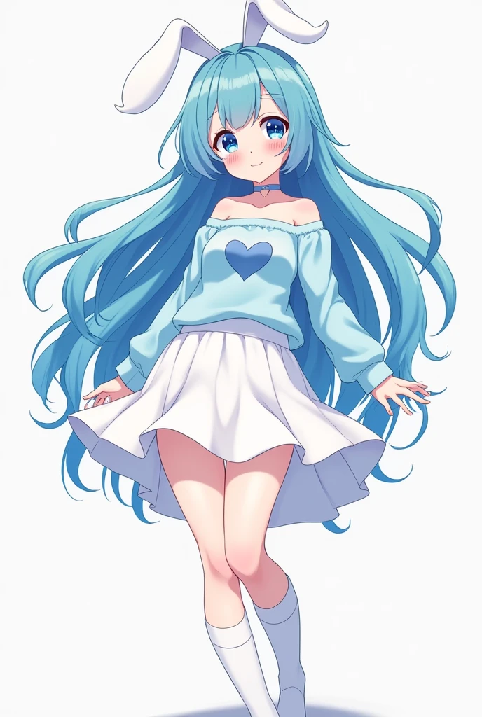 create me a picture of a big girl, and wearing a no sholder top colour light blue, and the top has a Heart on it, and she wears a white skirt till her knee, and she is wearing long whitesocks. bunny like ears and she is giving a VERYYYYYYYYYYY cute pose. and think that she is the cutest girl in the universe. Anime Style. And her hair is also blue coloured and eyes also blue