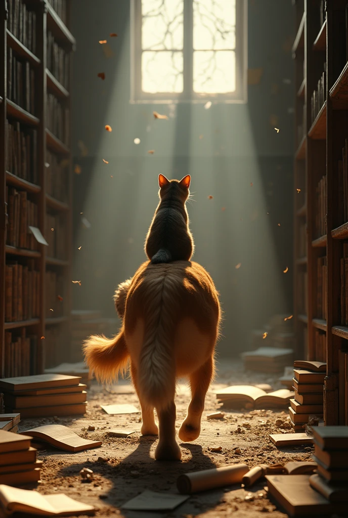 "Ultra-realistic 4K cinematic depiction of a golden retriever dog and a tabby cat inside an old, abandoned library, the dog carefully walking through the dusty aisles with the cat on its back, books and scrolls scattered around, beams of sunlight filtering through broken windows, the cat curiously looking at an ancient book on a table, intense focus on the intricate details of the environment, dark and moody lighting, highly detailed textures, Unreal Engine 5 quality, ultra-high resolution"