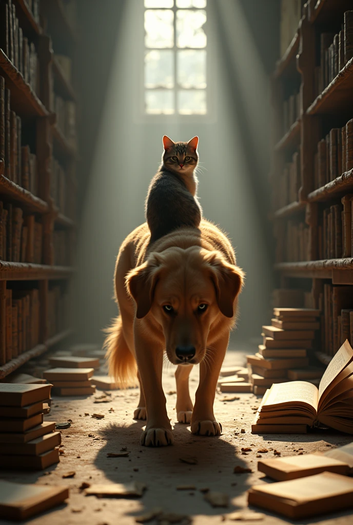 "Ultra-realistic 4K cinematic depiction of a golden retriever dog and a tabby cat inside an old, abandoned library, the dog carefully walking through the dusty aisles with the cat on its back, books and scrolls scattered around, beams of sunlight filtering through broken windows, the cat curiously looking at an ancient book on a table, intense focus on the intricate details of the environment, dark and moody lighting, highly detailed textures, Unreal Engine 5 quality, ultra-high resolution"
