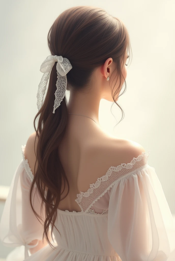 Woman with middle ponytail and white lacce ribbon as holder depictured from back
