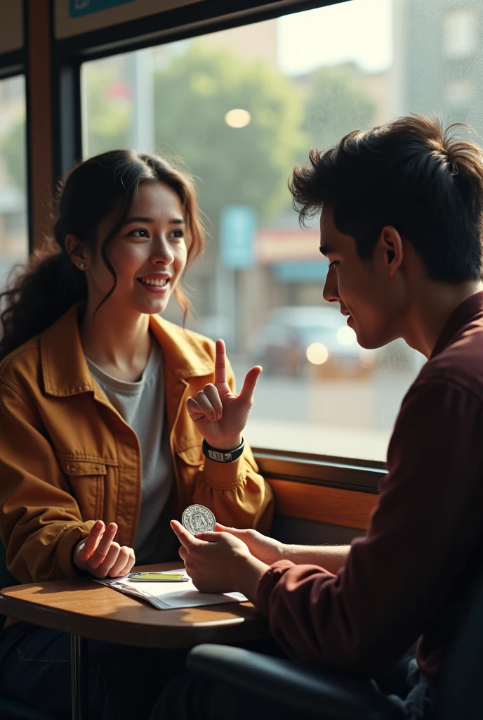 The college student talks to the young Peruvian passenger about the coin with the image of Jose de la Mar and tells him the history of the coin 