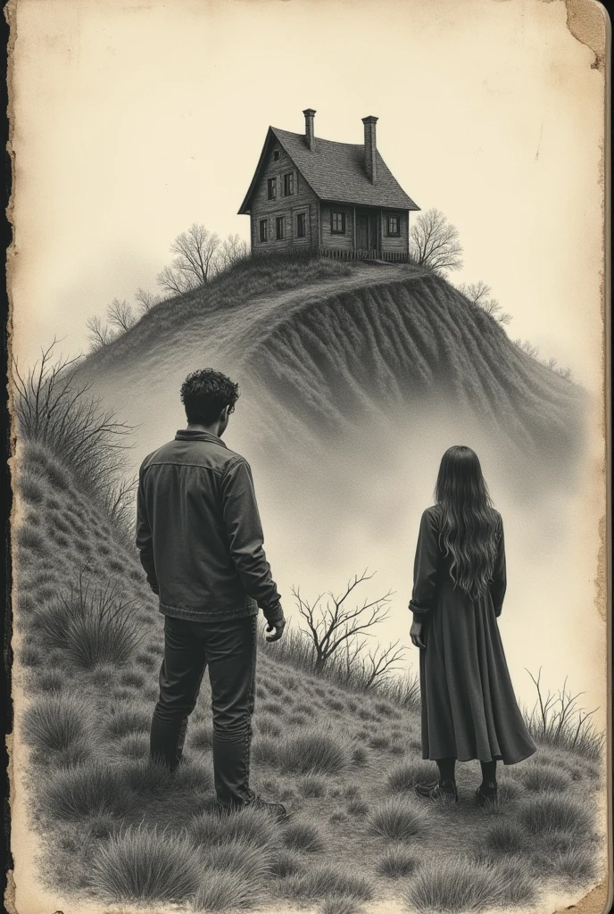 A house on the hill horror spirits and two brothers woman and man pencil drawing in notebook
