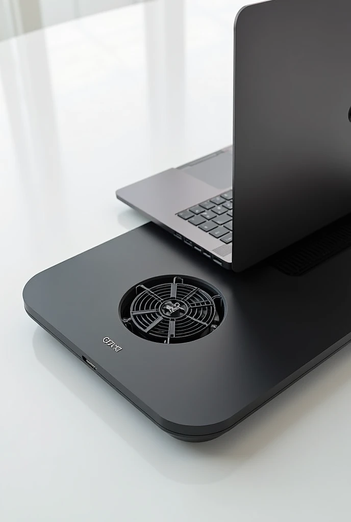 Make a logo for a company that makes cooling bases for laptops that is black and that this base has a fan inside that does not have a screen