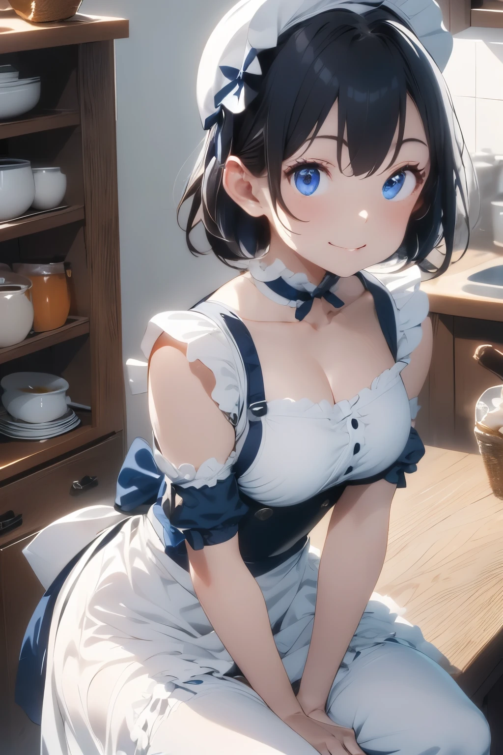 ((Top Quality)), ((Excellent)), (Detailed), ((Japanese)), Ultra-Realistic, Stunning Environment, Vivid Colors, , Black Hair, (Young Face), ((Bob Hair)), Shiny Hair, Medium Breasts, ((White Maid Outfit)), ((French Maid)),((White Brim)), ((From Above)), ((Blue Eyes)), Half-Smiling, Upper Body, Shiny Hair, Blunt Bangs, ((Medium Breasts)), ((Leaning Forward)), ((Blue Eyes)), Masterpiece, Ultra-Realistic, ((Close-Up)), Interior, Kitchen, Natural Light, Vivid Colors,