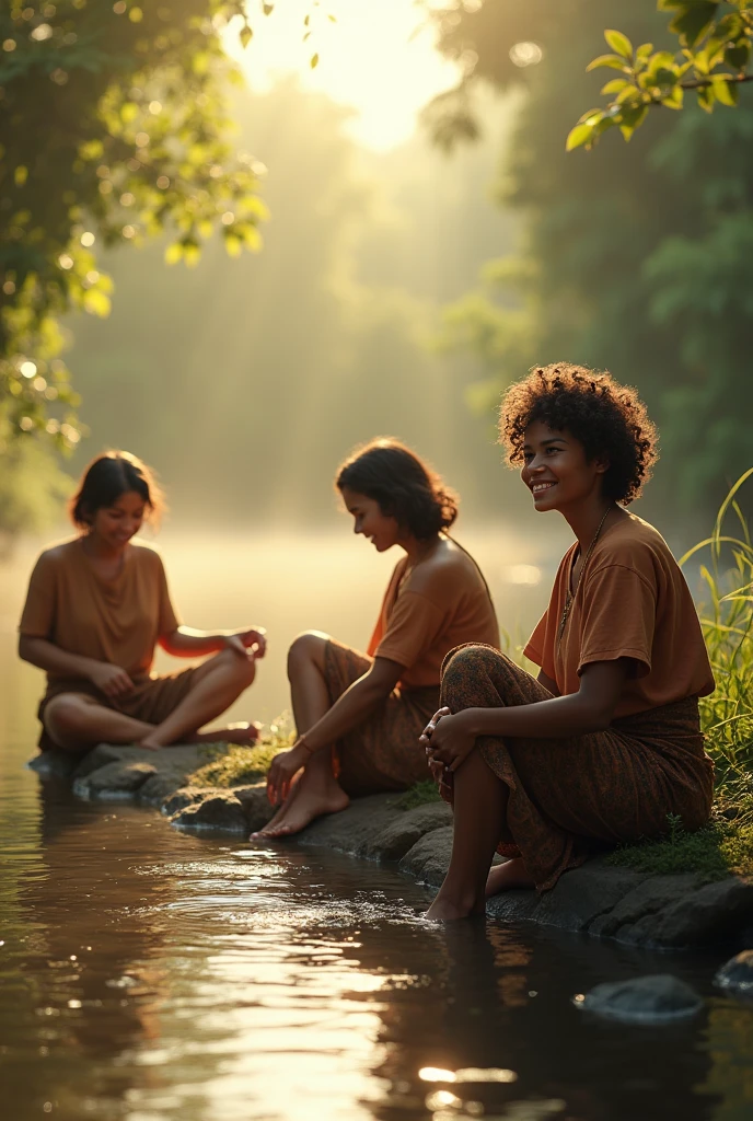 Photorealism 1.4 realistic realism high detailed definition Malaysian orang asli women wearing shirt sarong at river doing some laundry smile face curly hair morning mode sitting at rock river sunlight and silhouette