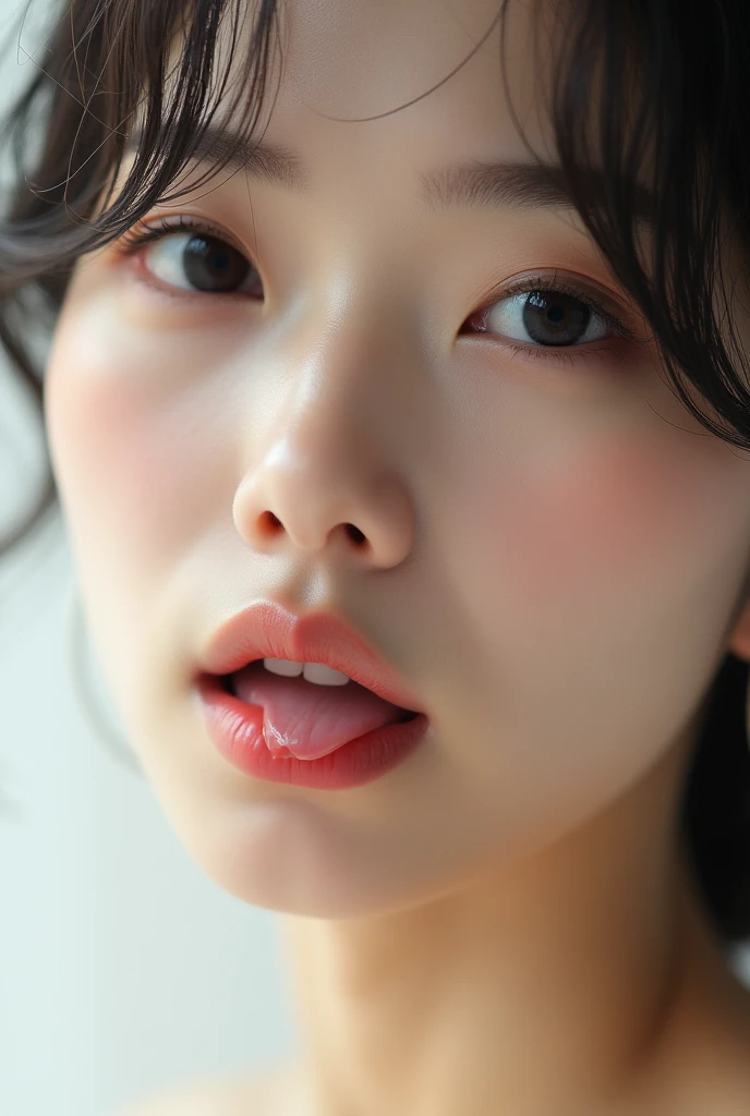 40s日本人、Natural Skin、perfection, She has smooth skin and、She has a gentle yet provocative look..tongueを突き出す、Design a breathtaking female close-up. Lips are soft、Slightly curved., The faint smile、It suggests something deeper, tongueを出している、She tilts her head up, Gives a sophisticated and calm impression.. background should be white, Emphasize her elegance."tongue, tongueを突き出す, Shortcuts、40s