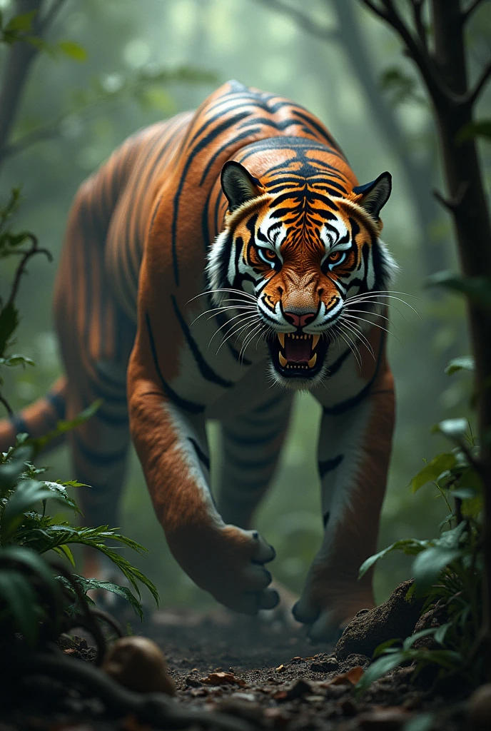 Tiger-Cobra Hybrid: A dangerous predator with the sleek, striped body of a tiger and the hooded head and venomous fangs of a king cobra. Its muscular form slithers through a dense jungle, with its sharp eyes hunting in the dim light filtering through the trees.