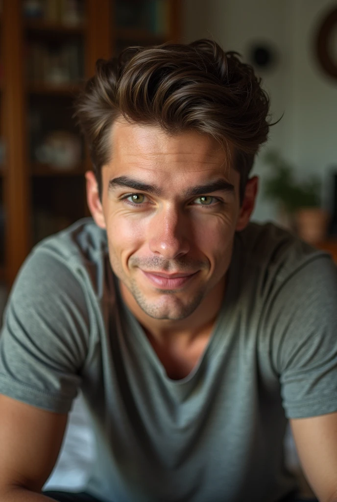 young man with brown hair smirking in his bedroom, stock photo
