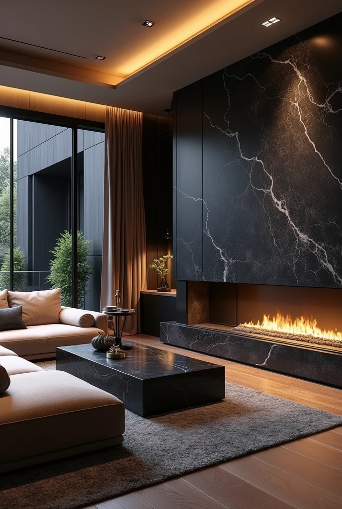 Professional 3d architecture rendering design of modern living room with and so dark and so dark beige floranca velvet sofa set and medium flouting dark gray marble fireplace and brown laminate and elegant and modern accessories and modern windows and black slab stone middle table and elegant ceiling lighting and elegant accessories and elegant dark gray Persian carpet and elegant ceiling lighting