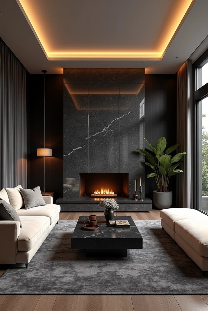 Professional 3d architecture rendering design of modern  living room with  and  so dark and so dark beige floranca velvet sofa  set and medium  flouting  dark gray marble fireplace and brown laminate and elegant and modern accessories and modern windows and black slab stone middle table and elegant ceiling lighting and elegant accessories and elegant  dark gray Persian carpet and elegant ceiling lighting 