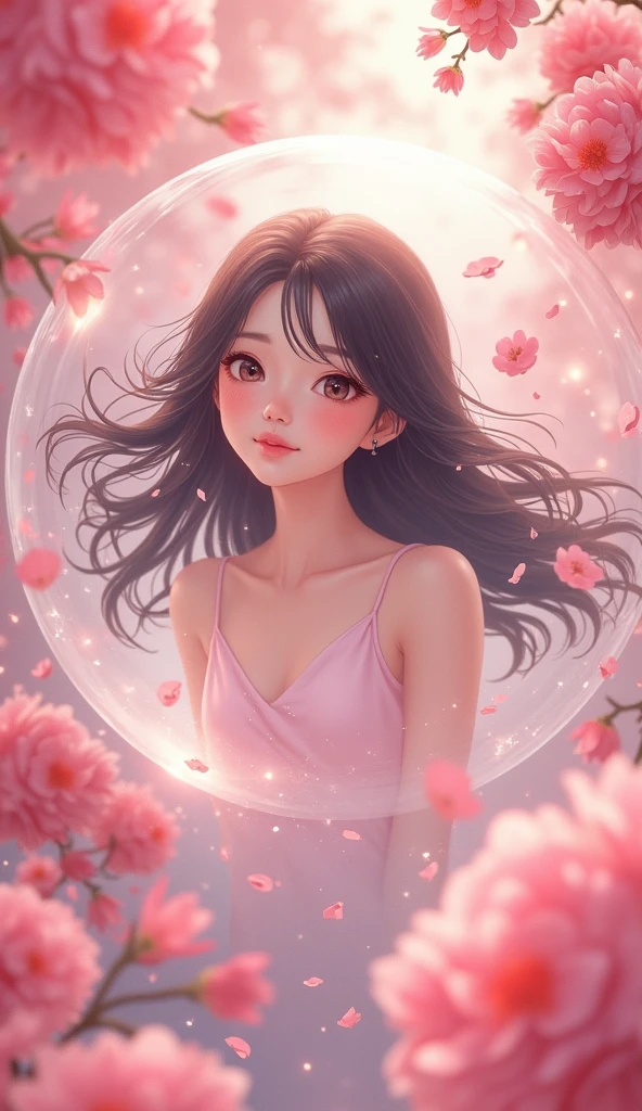 A beautiful girl floating in a bubble surrounded by pink flowers, doraemon, japanese cartoon style, cute detailed digital art, 中 元 节, 🚿🗝📝, anime wallpaper 4k, anime wallpaper 4 k, anime art wallpaper 4k, anime art wallpaper 4 k, cute digital art, trending anime artwork, anime cover