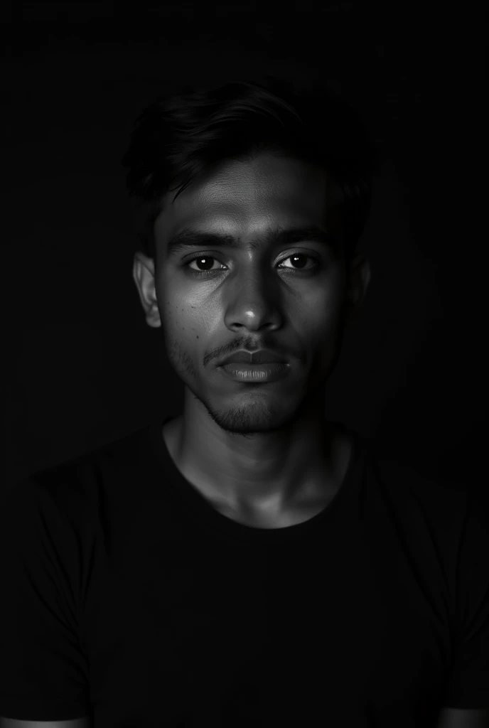 A Nepali 18 years Nepali man who wear black t shirt in dark background without jawline
