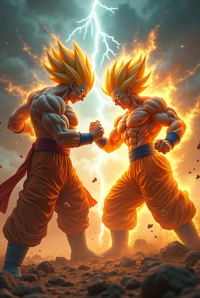Two muscular super Saiyan punch each others