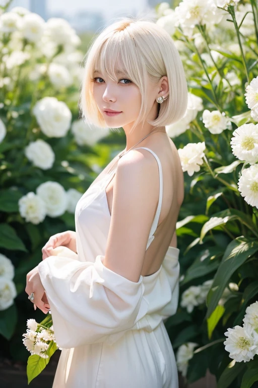 Platinum Blonde　Bob Hair　clear　white　Golden earrings　背景にwhiteい花　From the waist up　Friendly atmosphere　Smell the flowers　be happy　Emancipated　free　Light　No bangs　Pitiful　pure