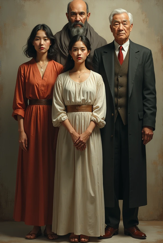 Woman, father behind her on the right side and mother behind her on the left side, ancestors behind the parents