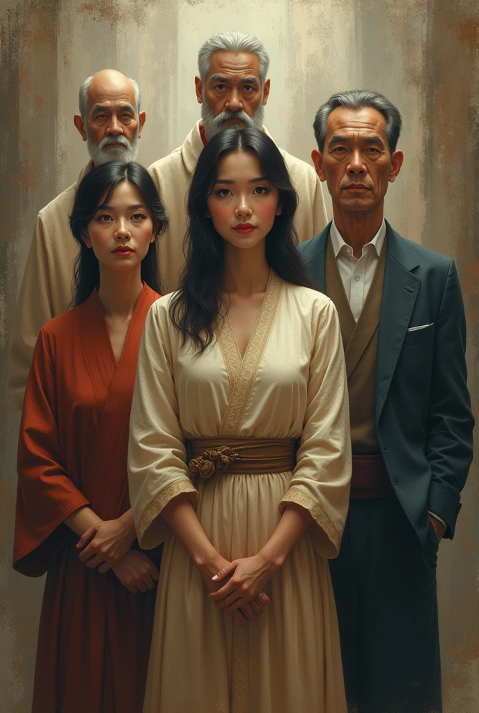Woman, father behind her on the right side and mother behind her on the left side, ancestors behind the parents