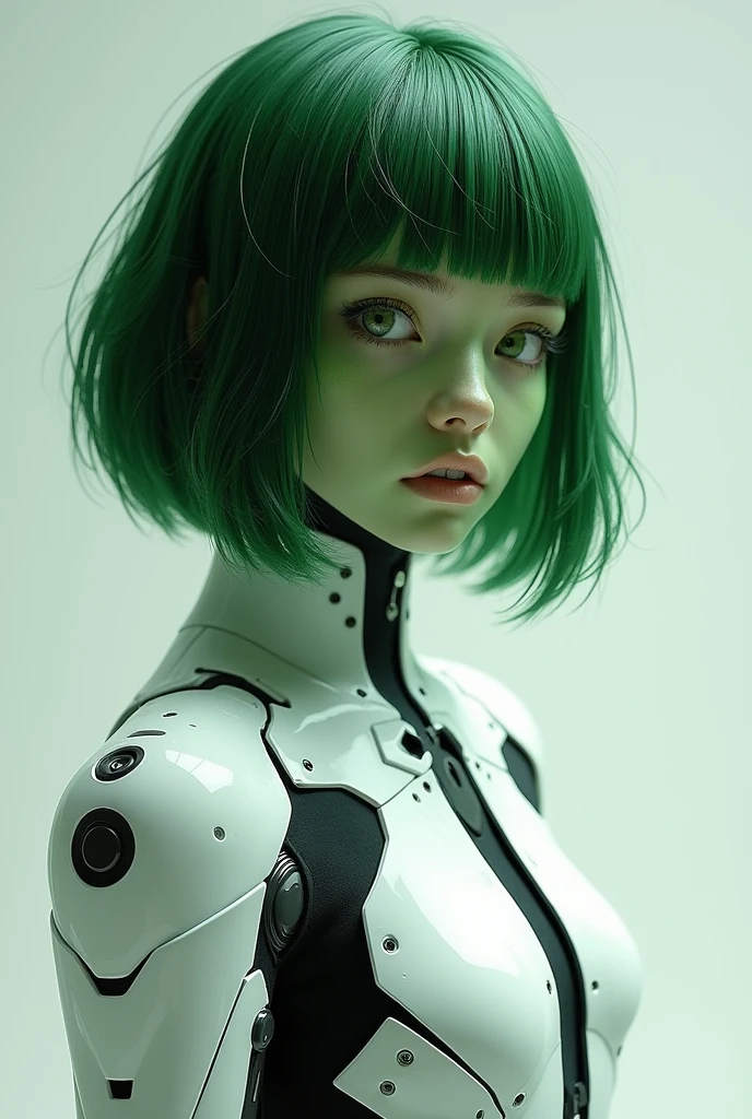 1girl, green skin, dark green hair, seamless bob cut, white cybernetic armor, bodysuit, black accents