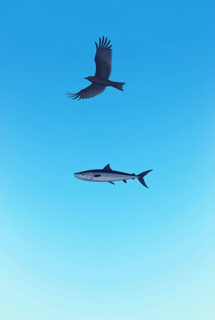A bird in profile high in the sky , le poisson est devant l'oiseau en position horizontale
