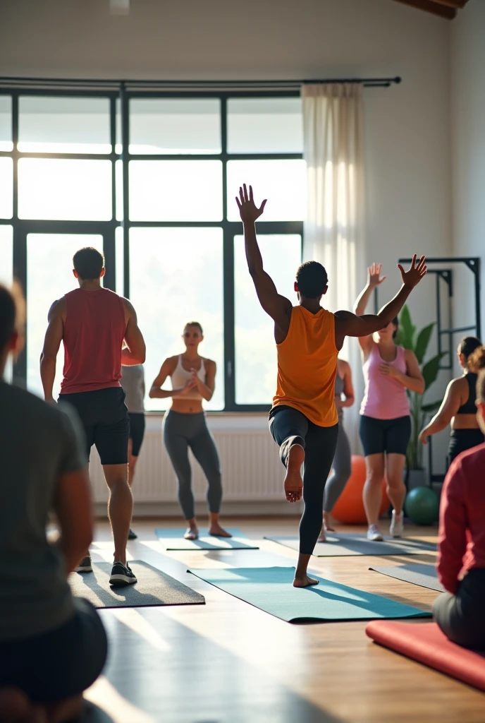 Create a high-resolution image depicting a modern, clean home gym environment. Show a diverse group of individuals (different genders, ages, and ethnicities) engaged in various fitness activities, such as yoga, weightlifting, and stretching. The setting should include contemporary fitness equipment like dumbbells, yoga mats, and exercise balls. The overall tone should convey health, wellness, and a positive, energetic atmosphere."