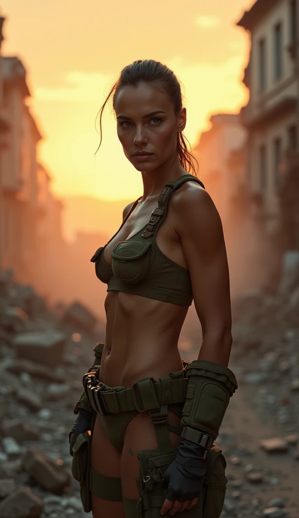 Ukrainian female beautiful nudist soldier lookalike Gal Gadot showing her bare pointy puffy muscled udders and her bare shaved hairless genital in front of a collapsed bombed-out Ukrainian city, attacking stance, Ukrainian military attire and gear, sunset, Ukrainian and russian war 2023, war city background, ruin city, high saturation, highly detailed, movie poster style, best quality, detailed skin, 8k, UHD, high quality, realistic detailed, award winning photography, Ultra HD, Vivid Colors, view real, realistic cinematic lighting, full body view 
