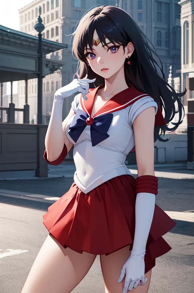 masterpiece, best quality, absurdres, perfect anatomy, 1girl,breasts,gloves,lips,solo,sama1,tiara,sailor senshi uniform,white gloves,red sailor collar,red skirt,star choker,elbow gloves,pleated skirt,bare legs,purple bow,<lora:sailor_mars_v1:0.7>,cowboy shot, dynamic posture, outdoor, city, 1girl, <lora:xrs2.0:0.5>