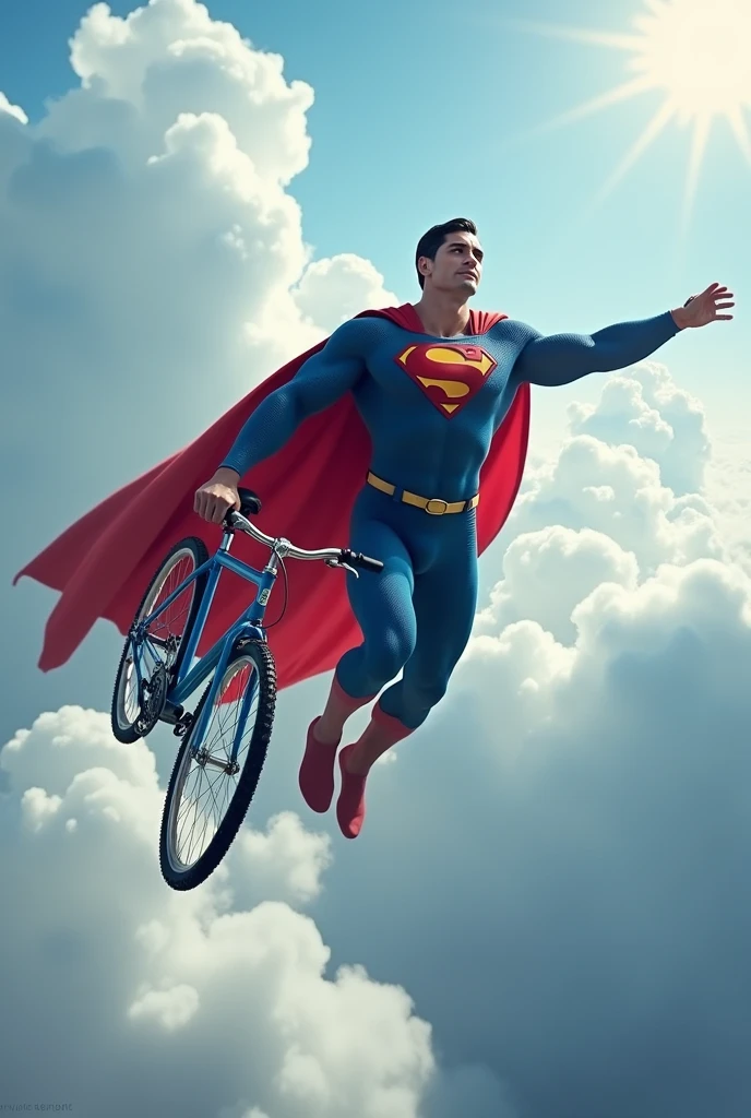 Superman flying holding a bike