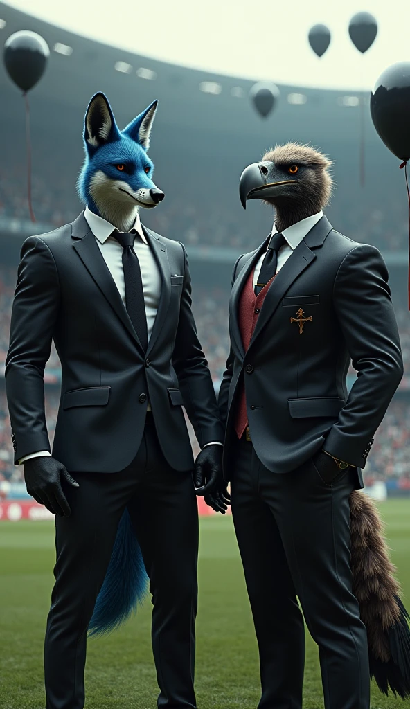 a blue male fox, muscular, puffed out chest, black suit, next to a beautiful, muscular vulture bird, without a crest, puffed out chest, black suit with a thick red Maltese cross on the chest, inside a soccer stadium, everyone is sad seeing a coffin with a flag on it highlighted in the colors blue, white, red, black balloons flying in the wind