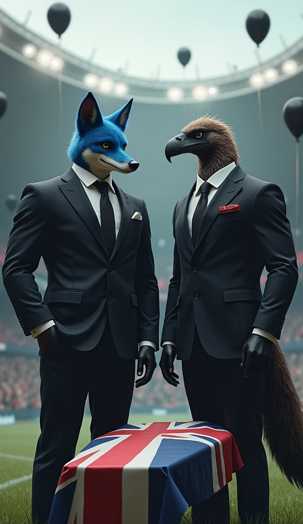 a blue male fox, muscular, puffed out chest, black suit, next to a beautiful, muscular vulture bird, without a crest, puffed out chest, black suit with a thick red Maltese cross on the chest, inside a soccer stadium, everyone is sad seeing a coffin with a flag on it highlighted in the colors blue, white, red, black balloons flying in the wind