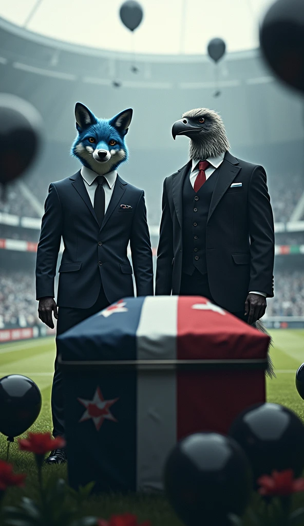 a blue male fox, muscular, puffed out chest, black suit, next to a beautiful, muscular vulture bird, without a crest, puffed out chest, black suit with a thick red Maltese cross on the chest, inside a soccer stadium, everyone is sad seeing a coffin with a flag on it highlighted in the colors blue, white, red, black balloons flying in the wind