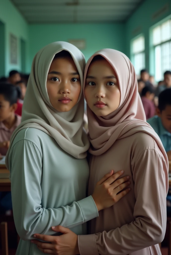 8k, best quality, Medium close-up, (Best quality,8K,tmasterpiece:1.3), (2 young girls:1.1),touch each other, two beautiful young indonesian girl, veil hijab ((indonesian girl hijab)), ((long hijab)), fit body, perfect eyes, pale skin, fair skin, perfect skin, ((outdoor)), at morning, ultra-delicate face, delicate eyes, double eyelids, half smile, Realistic, beautiful and delicate photo,heterosexual, braless, cold expression, cold pose, wide angle, study at crowded school, (at the crowded school classroom:1.4),buttock stand out, topless body, sexy pose, full body shot, spread legs wide open, show off vagina,buttocks exposed, topless, small flat breast, slim body, skinny, ((2girls:1.1)), ((touch each other))