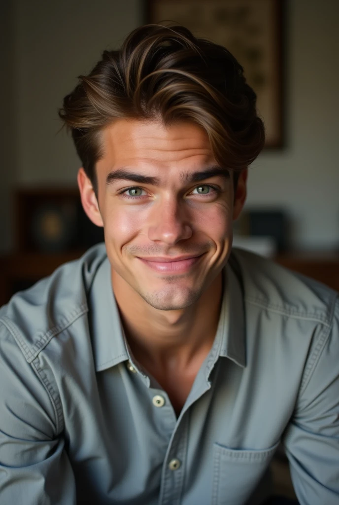 young man with brown hair smirking in his bedroom, stock photo