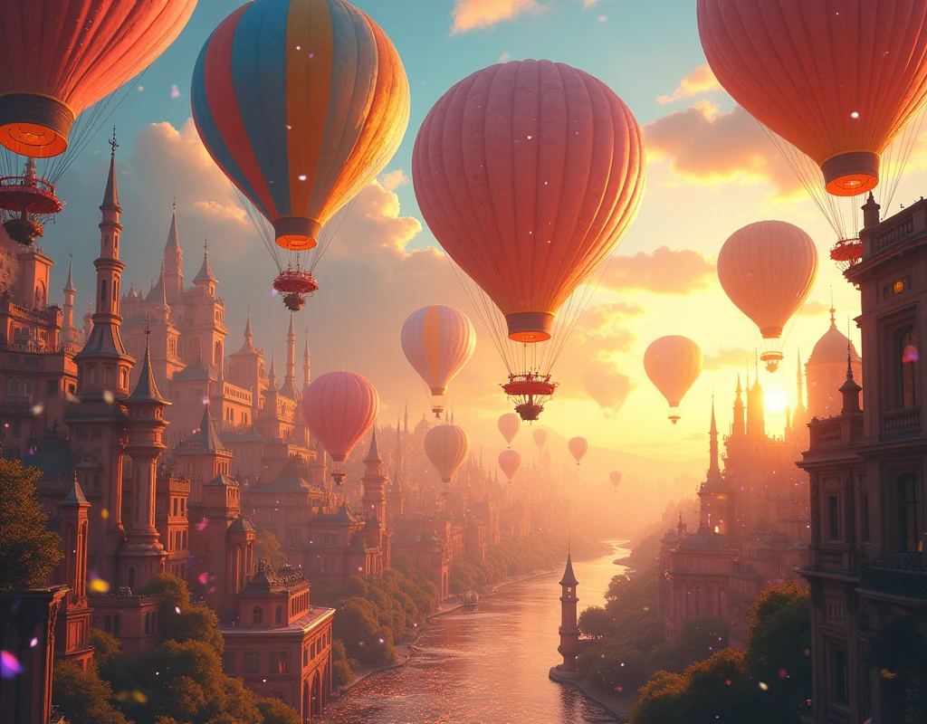 A surreal city suspended in the air at sunset, with buildings that look like giant balloons. Residents travel in airships and the streets are filled with sparkling confetti..
