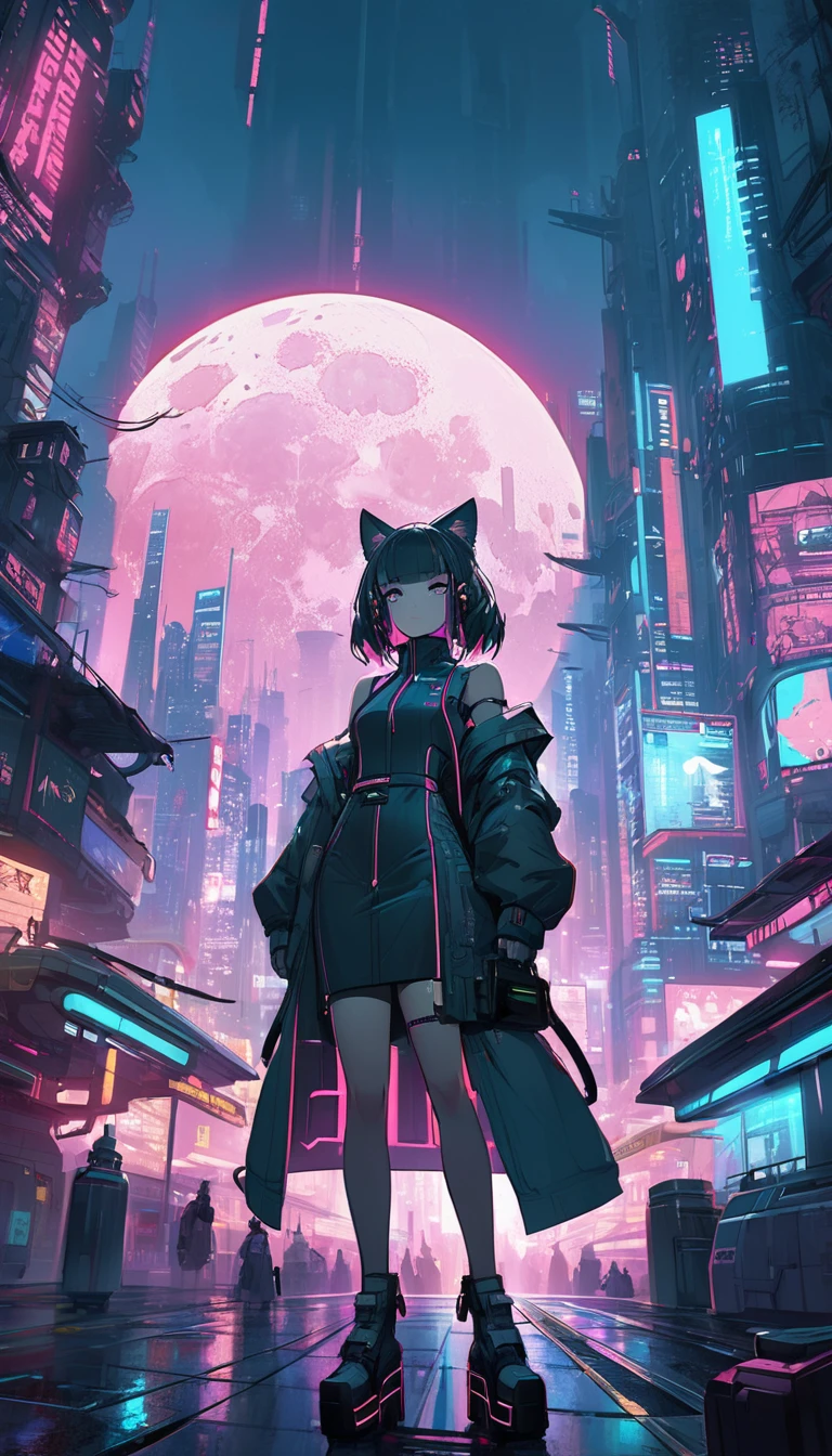 Future City,A cat girl wearing a cheongsam stands in the middle of a platform、,There is a huge moon ahead, In a future cyberpunk city, In the cyberpunk city, Cyberpunk art style, Digital Cyberpunk Anime Art, Future cyberpunk scene, Cyberpunk atmosphere, Beautiful cyberpunk city, cyberpunk blade runner art, Cyberpunk Dream, Cyberpunk Cityscape, In the cyberpunk city里, Arstation and beeple height