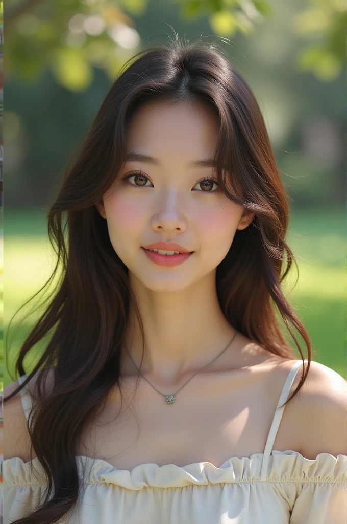 ((best quality)), ((masterpiece)), (detailed), Perfect face, a beautiful Korean girl, a friend, taking a picture with two Arab girls as friends. She wears pretty clothes and takes a picture of us in a garden while they are sitting on the grass.