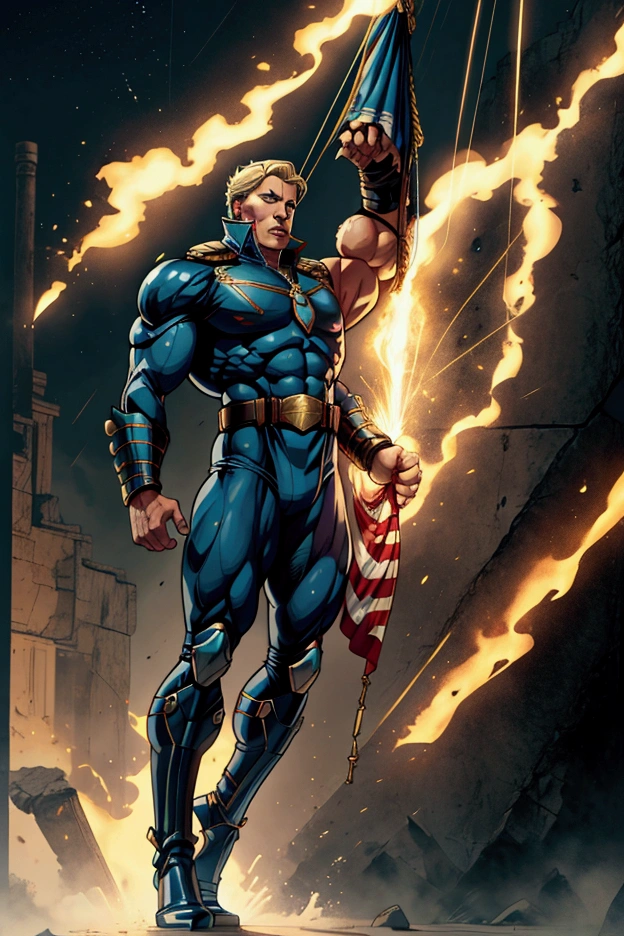 Captain Triumph – Create a full-body male character. I want the entire body to be visible. He is Caucasian, blond, 40 years old, strong, muscular. Captain Triumph wears a tactical uniform in the color of the American flag. He was supernaturally strong and invulnerable and could fly. I want the entire body to be visible. White background.