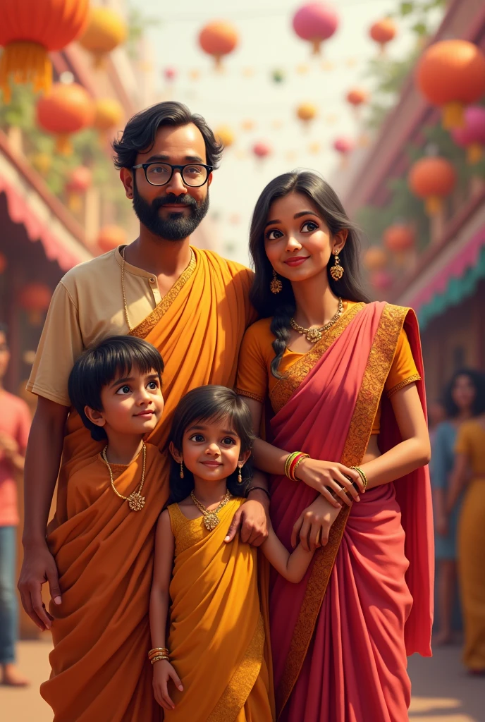 Bengali father wearing Panjabi & spects on his eyes with his beautiful Bengali wife wearing saree, with their baby girl & boy at Durga puja festival enjoying cartoon